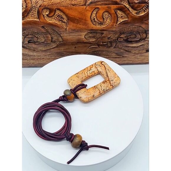 Large Picture Jasper Necklace with Leather Cord Natural Gemstone Pendant - Picture 4 of 8